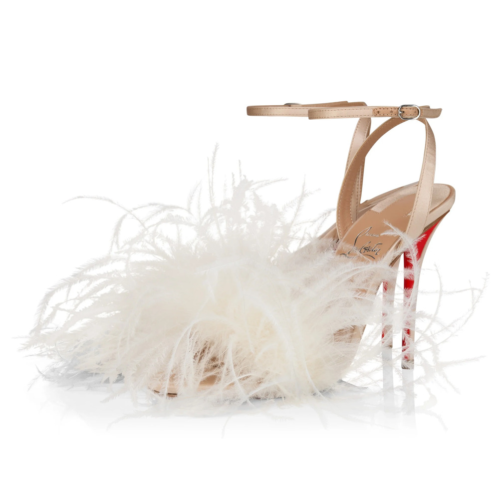 Christian Louboutin Miss Z Poupi 100 Blush White Feather Sandal Heel Pump 37.5